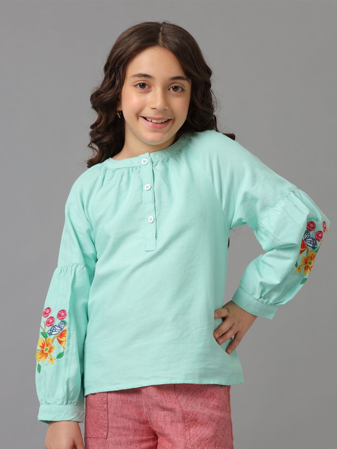 

UNDER FOURTEEN ONLY Mandarin Collar Cotton Top, Green