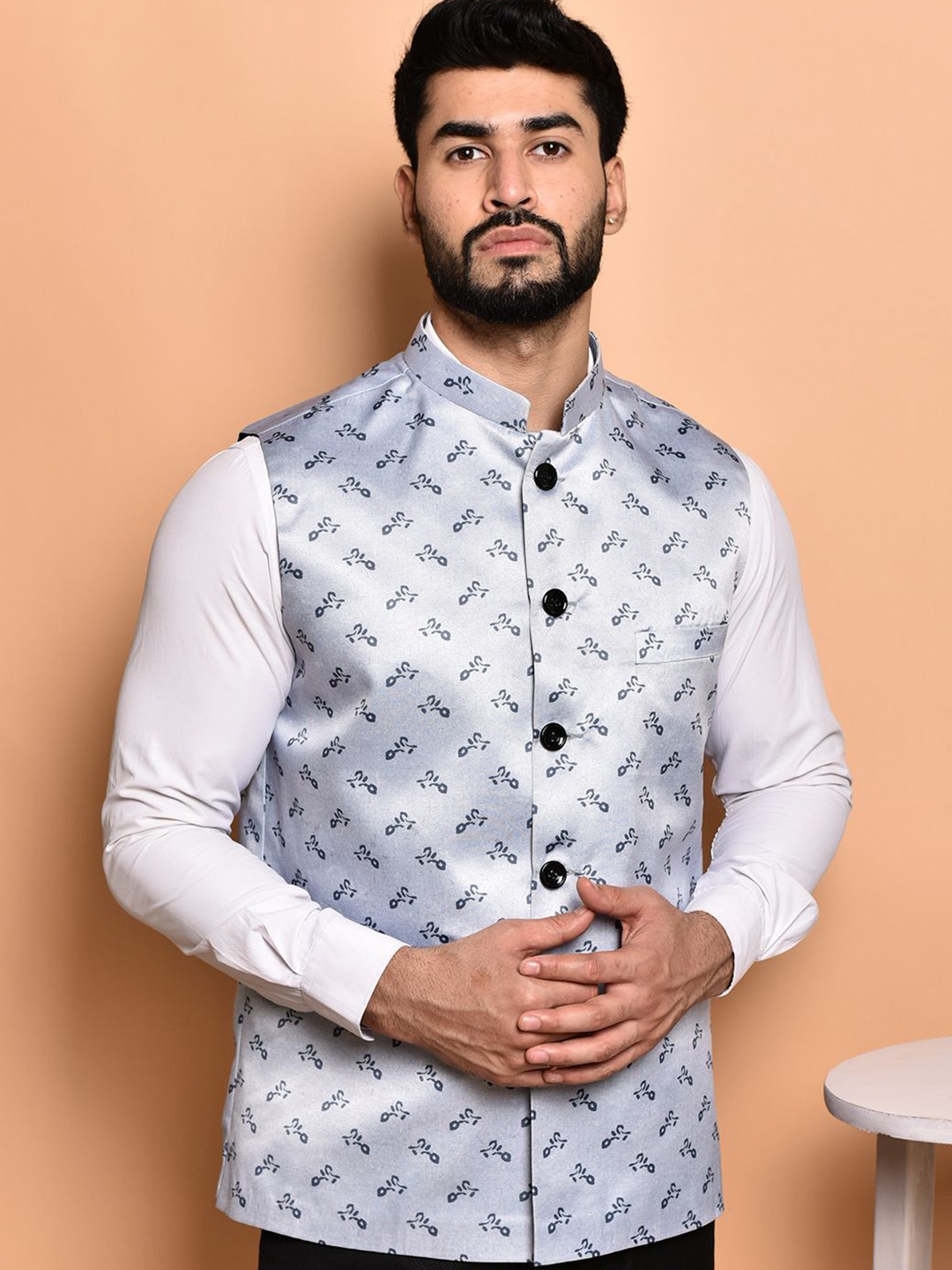 

PRINTCULTR Printed Woven Nehru Jacket, Silver