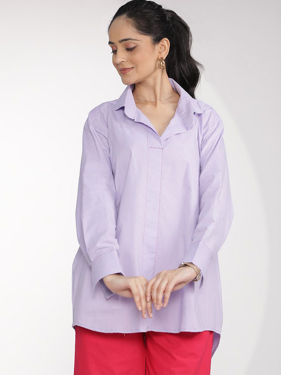 

LetsDressUp Women Solid Shirt Collar Pure Cotton Top, Lavender