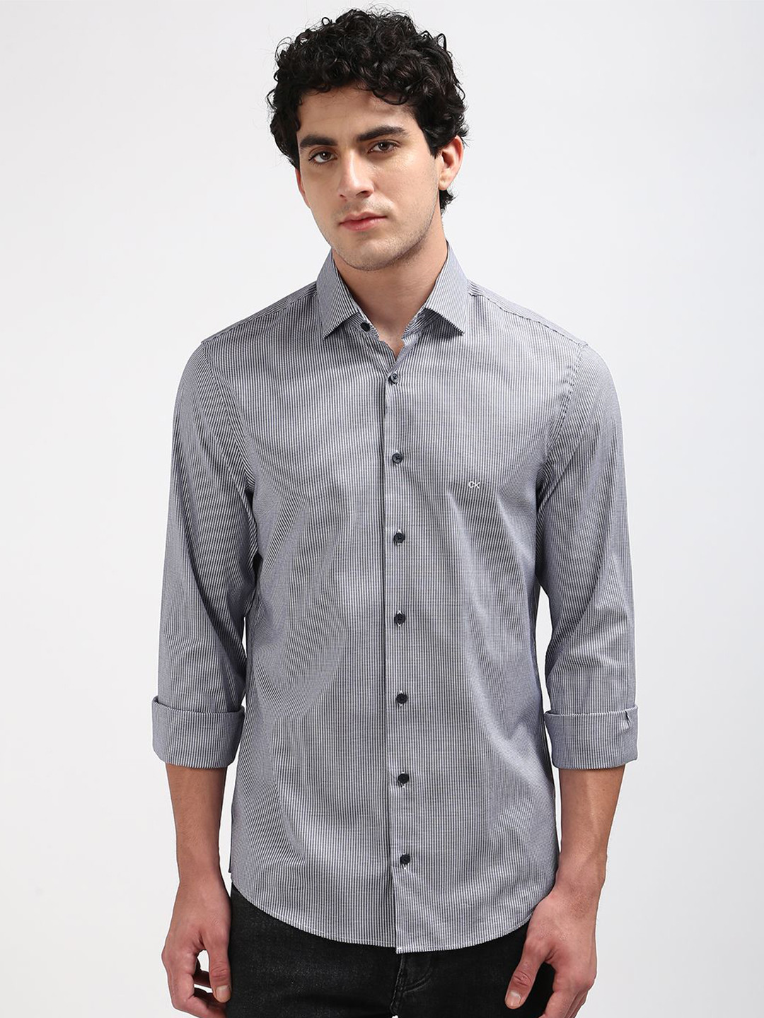 

Calvin Klein Jeans Men Spread Collar Pinstripes Striped Cotton Casual Shirt, Grey