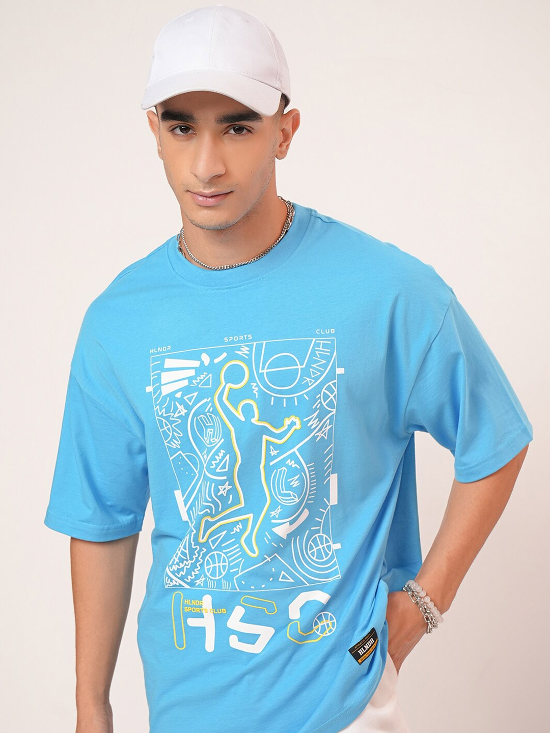 

HIGHLANDER Puff Printed Drop-Shoulder Sleeves Oversized T-shirt, Turquoise blue