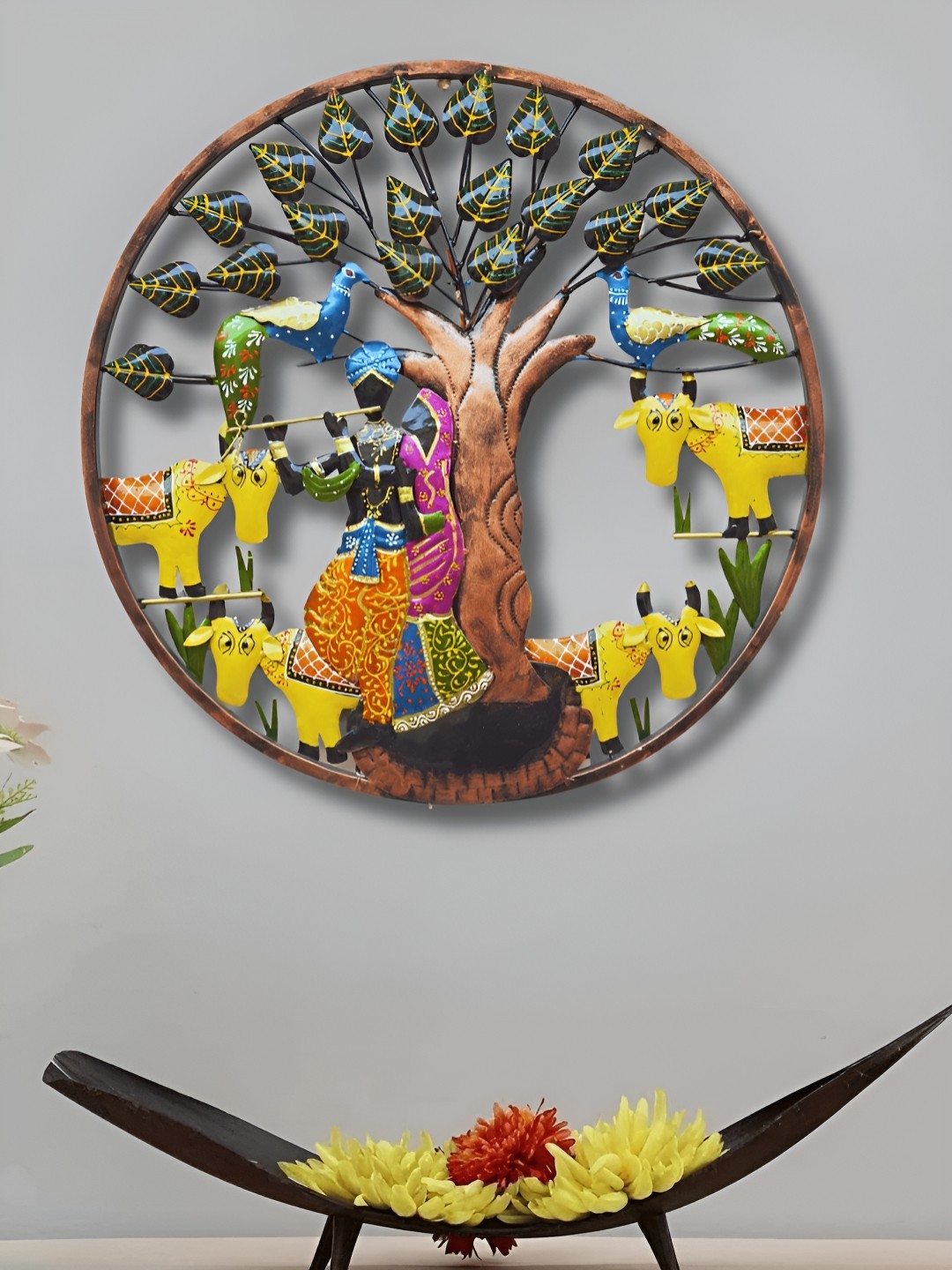

ANSHIKA INTERNATIONAL Black & Green Metal Radha Krishna Cow With Led Light Wall Decor