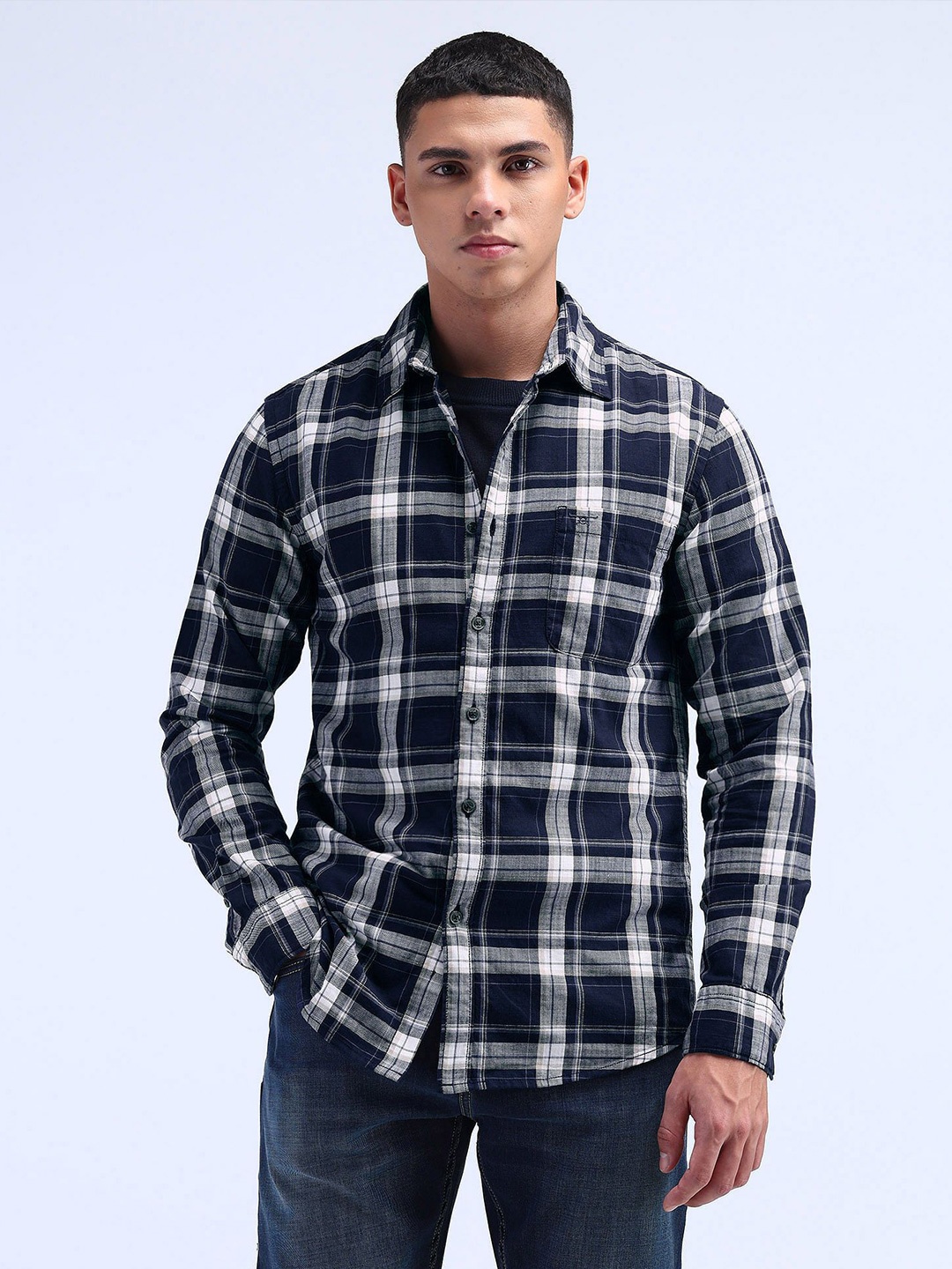 

Flying Machine Men Classic Opaque Checked Casual Shirt, Navy blue