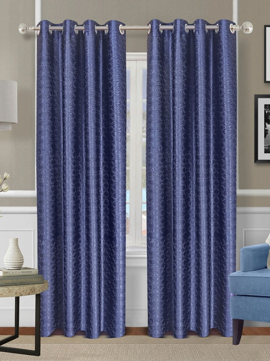 

Myntra Elegant Homes Blue 2 Pieces Geometric Room Darkening Long Door Curtain
