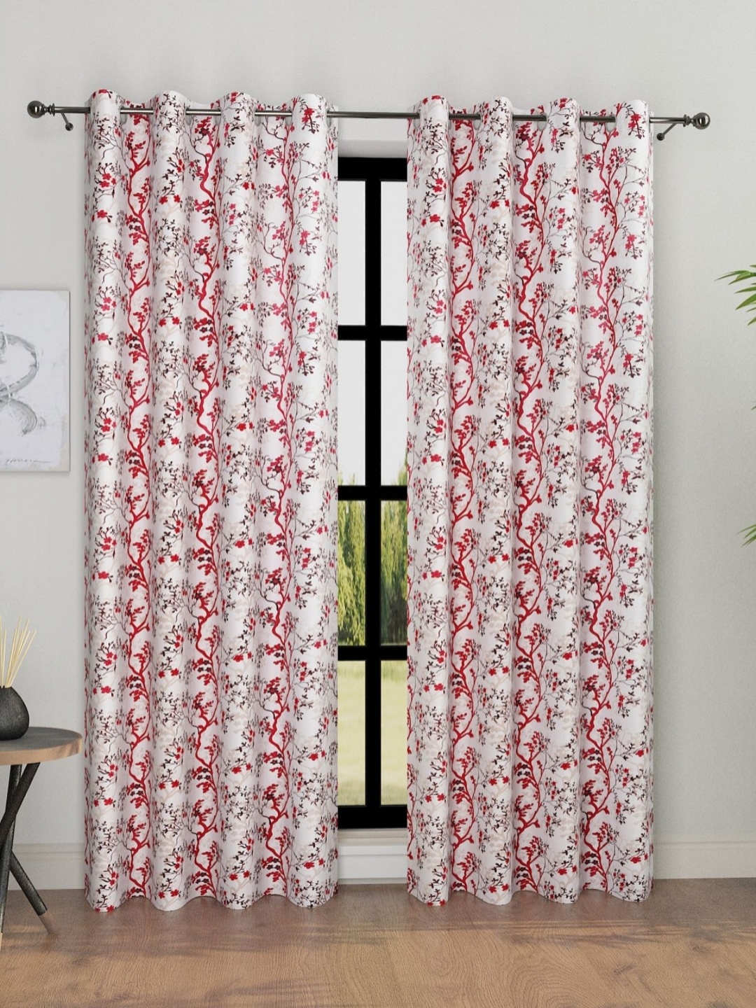 

Myntra Elegant Homes Maroon & White 2 Pieces Floral Printed Room Darkening Door Curtains