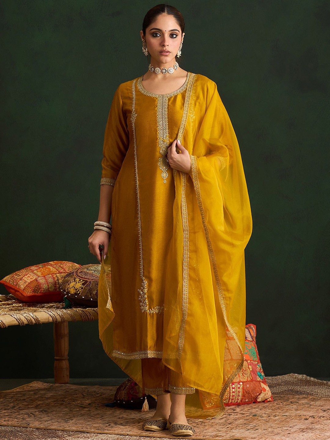 

Indo Era Women Embroidered Regular Sequinned Kurta with Trousers & With Dupatta, Yellow