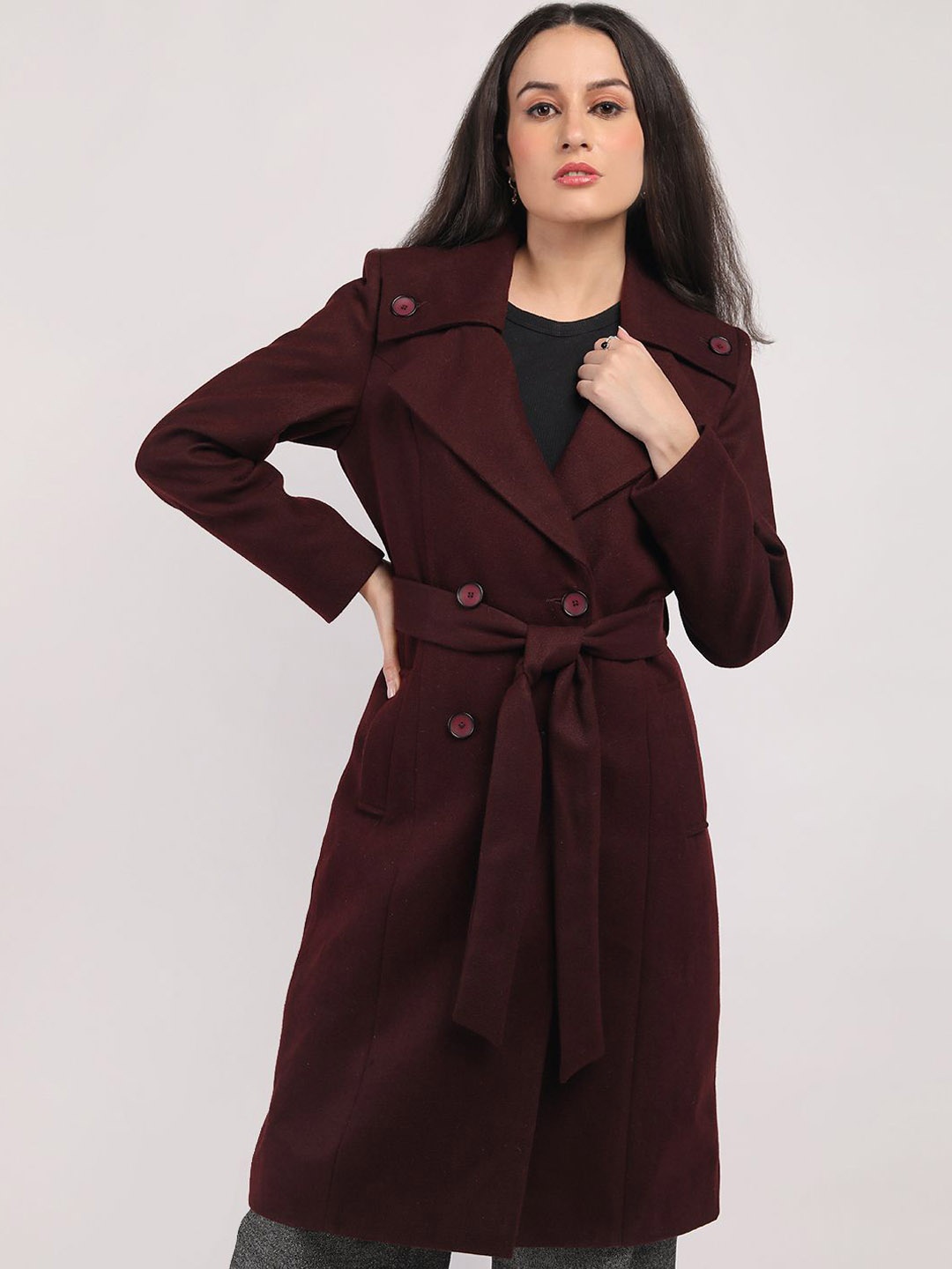 

HONNETE Women Notched Lapel Double-Breasted Long Winter Overcoat, Maroon