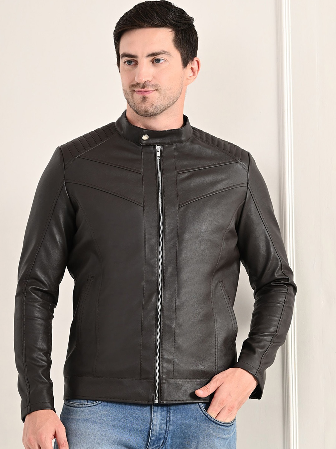 

TBOJ Stand Collar Classic Look Anti Odour Lightweight Leather Jacket, Brown