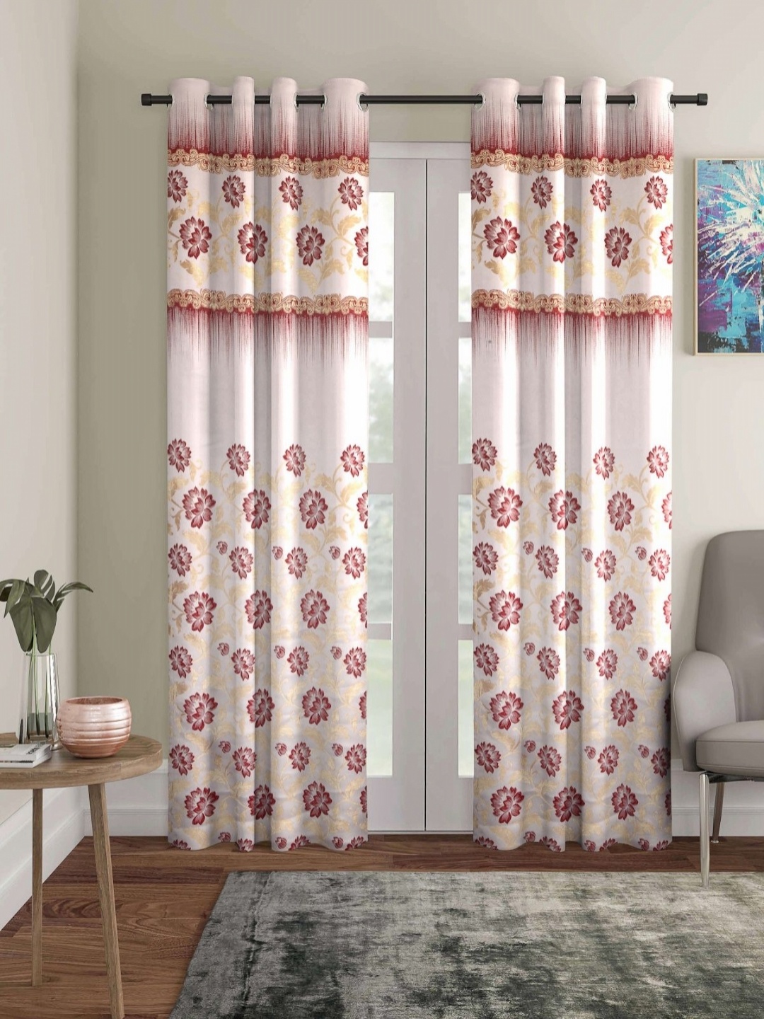 

Myntra Elegant Homes White & Red 2 Pieces Floral Room Darkening Long Door Curtain