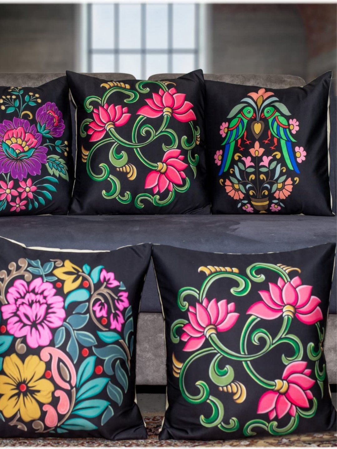 

Vendola Black & Pink 5 Pieces Floral Printed Square Cushion Covers