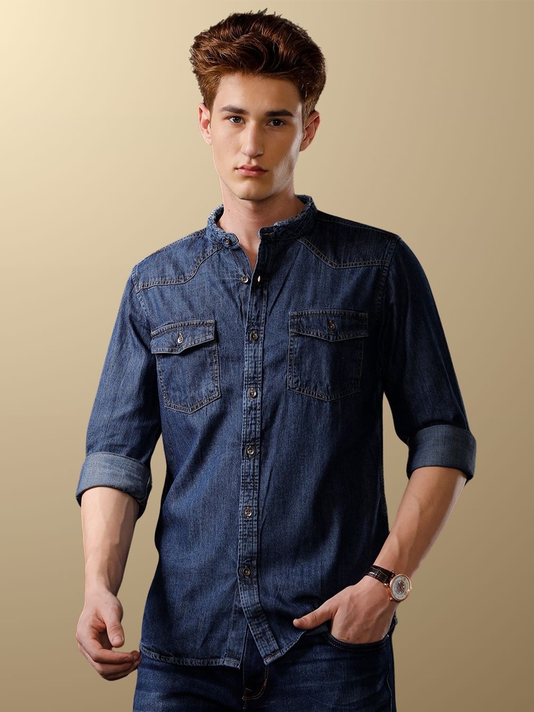 

TEMPLE OF DENIM Men India Slim Band Collar Solid Denim Casual Shirt, Navy blue