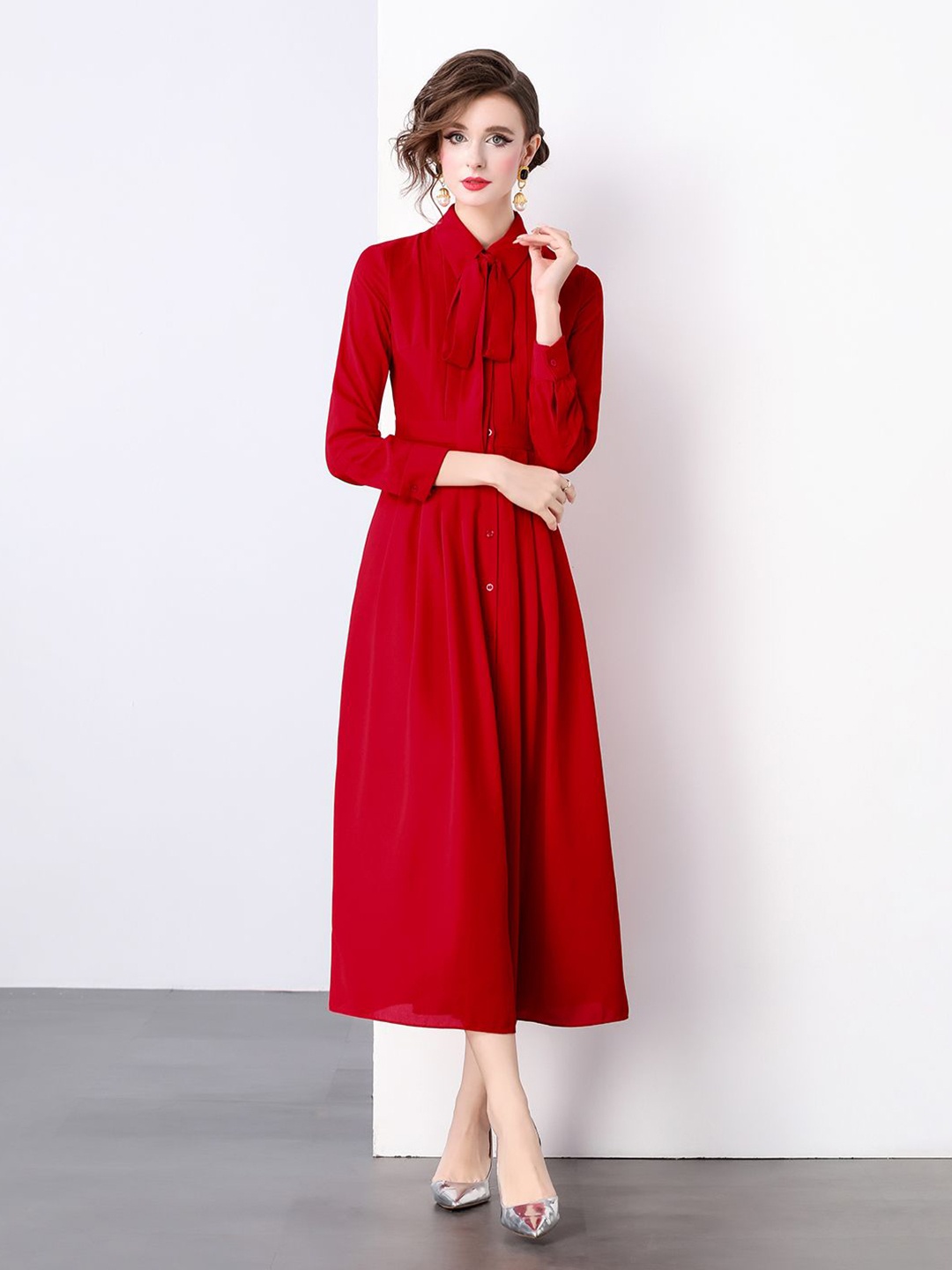 

JC Collection Women Solid Long Sleeves Fit & Flare Midi Dress, Red