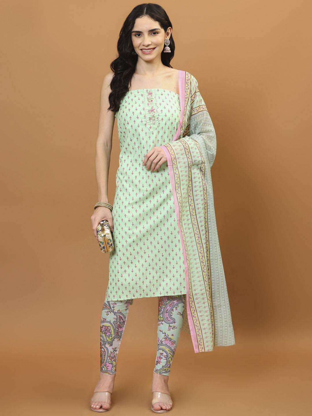

Meena Bazaar Printed Unstitched Dress Material, Green