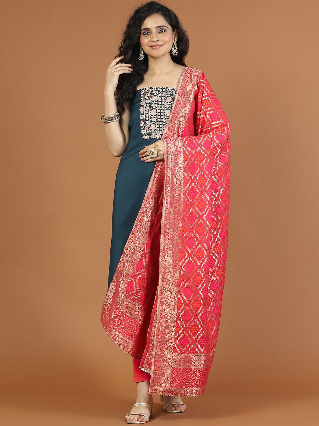 

Meena Bazaar Embroidered Art Silk Unstitched Dress Material, Navy blue