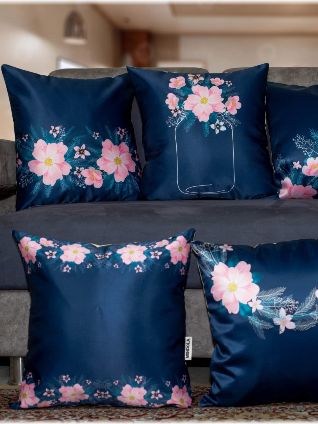 

Vendola Navy Blue & Pink 5 Pieces Floral Printed Satin Square Cushion Covers
