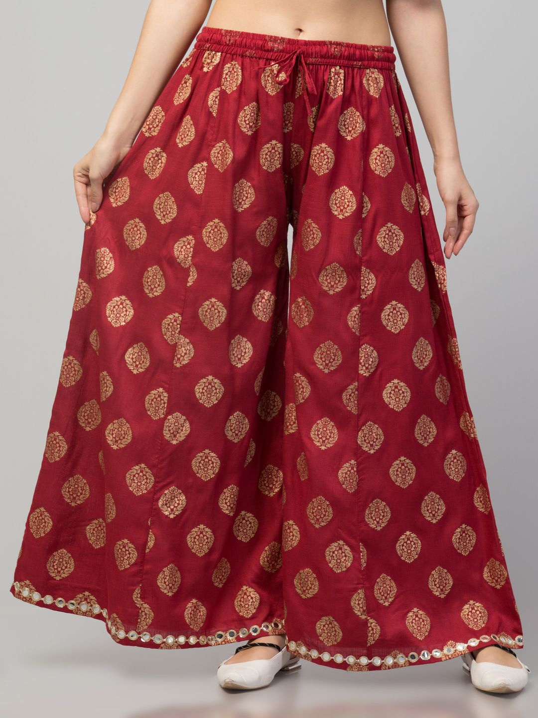 

FAMBEE Women Ethnic Motifs Printed Flared Knitted Palazzos, Maroon