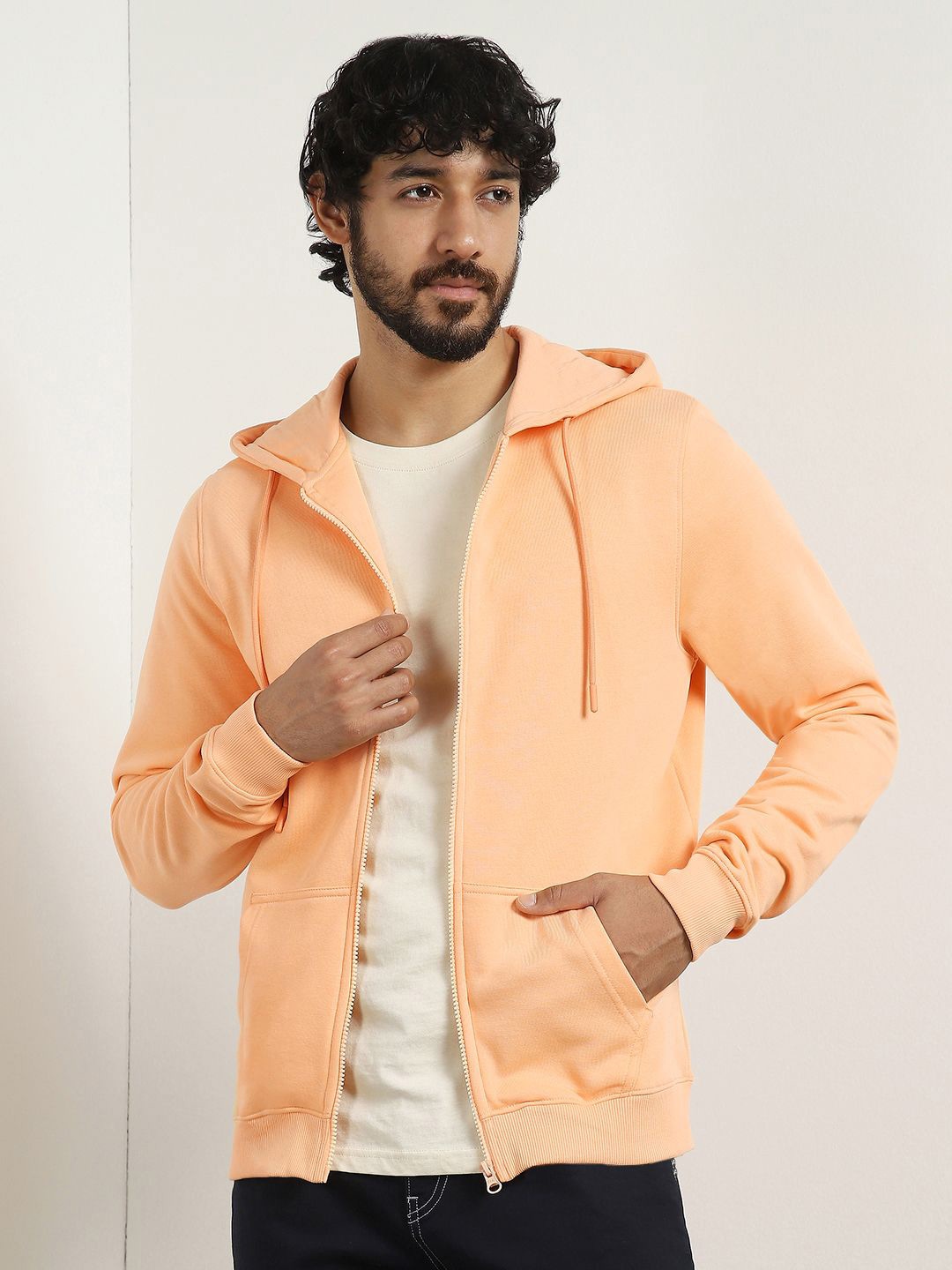 

NOBERO Men Zipper Hooded Sweatshirt, Peach