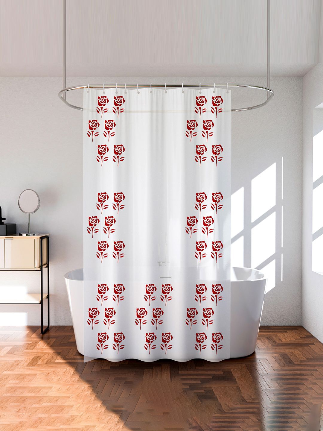 

Kuber Industries Transparent & Red Printed Waterproof Shower Curtains