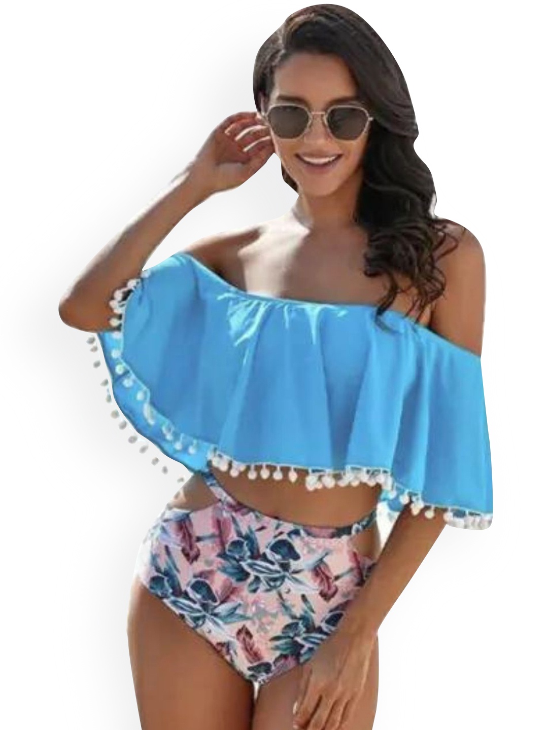 

ANGEL CROSHET Women Printed Strapless Cut Out Basics Top & Bottoms Bikini Set, Blue