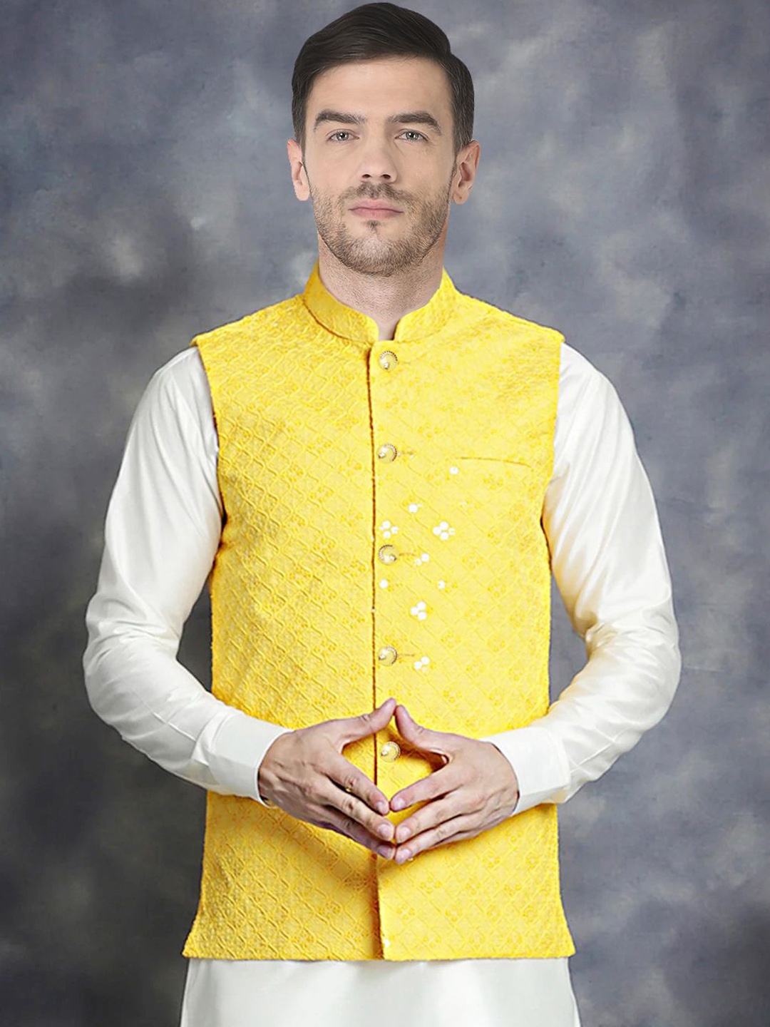 

SG LEMAN Embroidered Nehru Jacket, Yellow