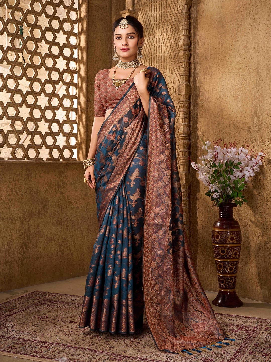 

Mitera Woven Design Zari Organza Banarasi Saree, Blue