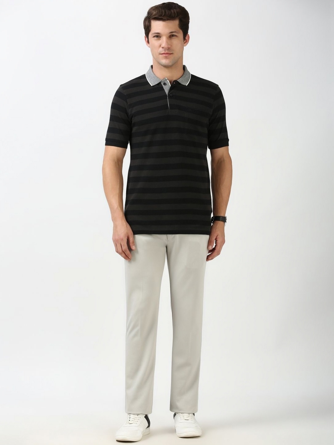

Peter England Men Striped Polo Collar Pockets T-shirt, Black