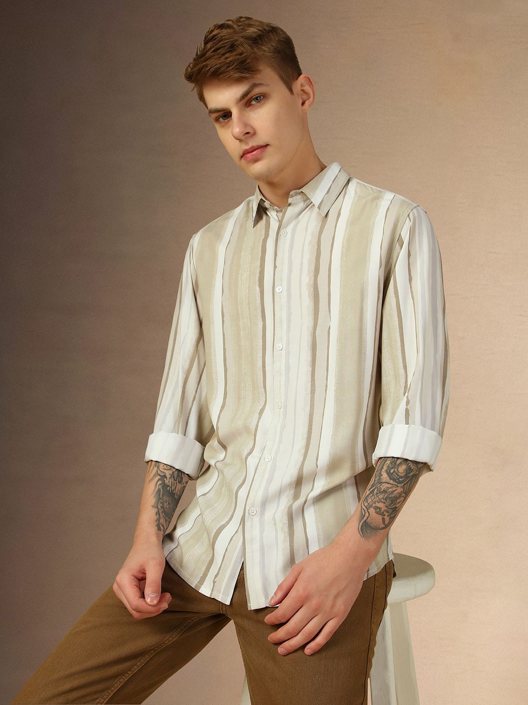 

Dennis Lingo Men Opaque Striped Casual Shirt, Brown