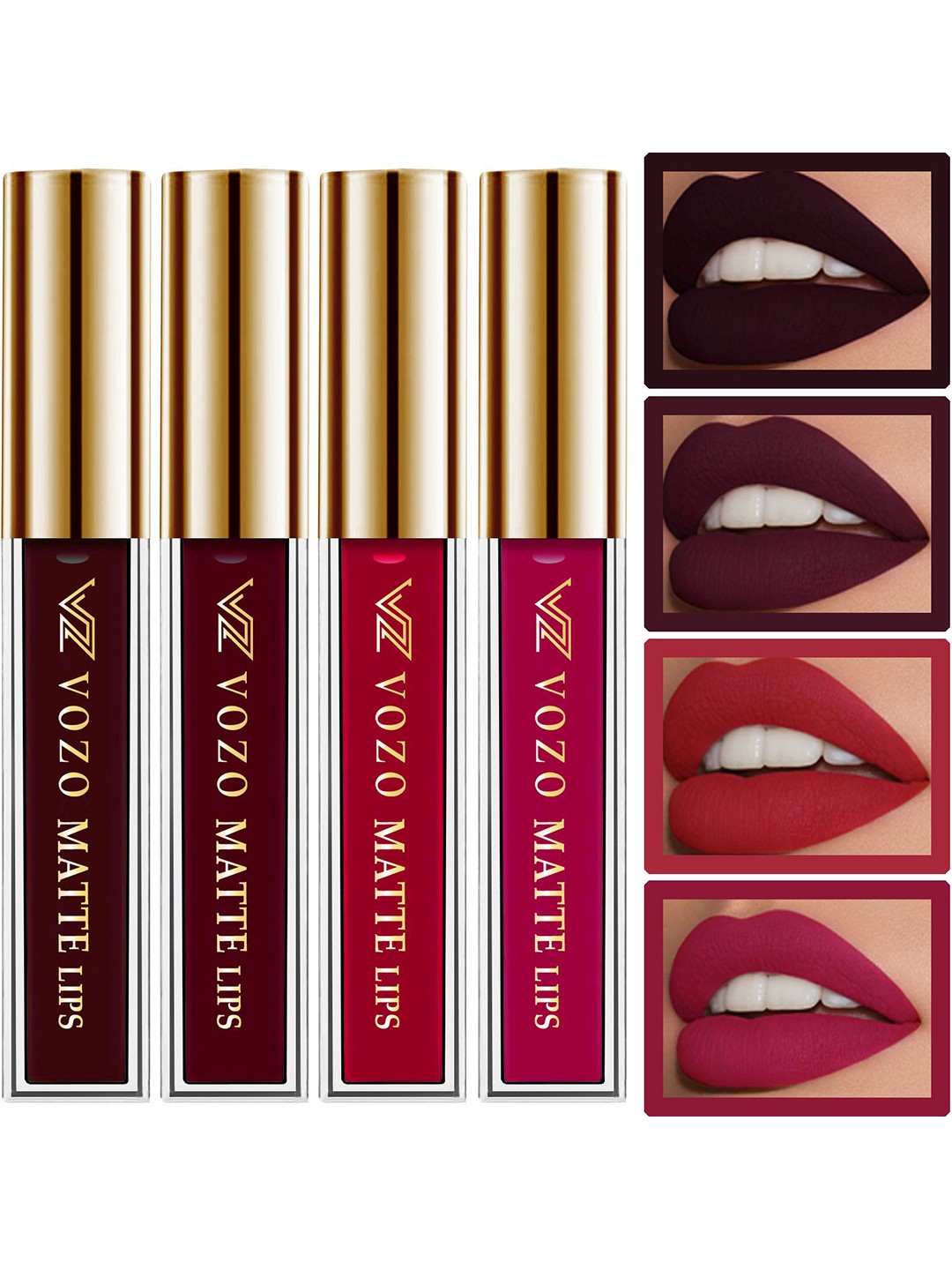 

VOZO Set Of 4 Matte Lips Liquid Lipstick- 4ml Each-Wine102-Maroon103-Red104-Magenta105, Maroon