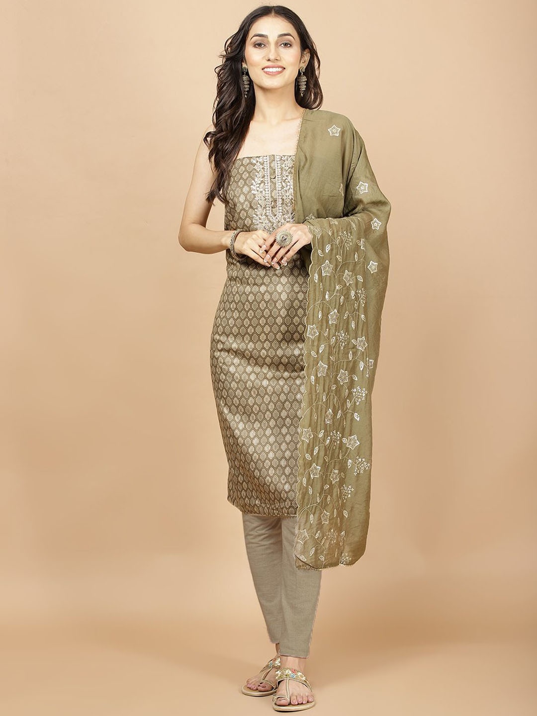

Meena Bazaar Floral Printed Zari Unstitched Dress Material, Green
