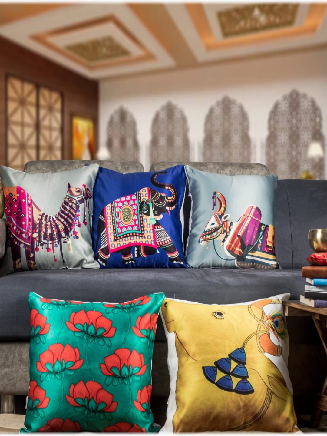 

Vendola Blue & Yellow 5 Pieces Abstract Printed Square Cushion Covers