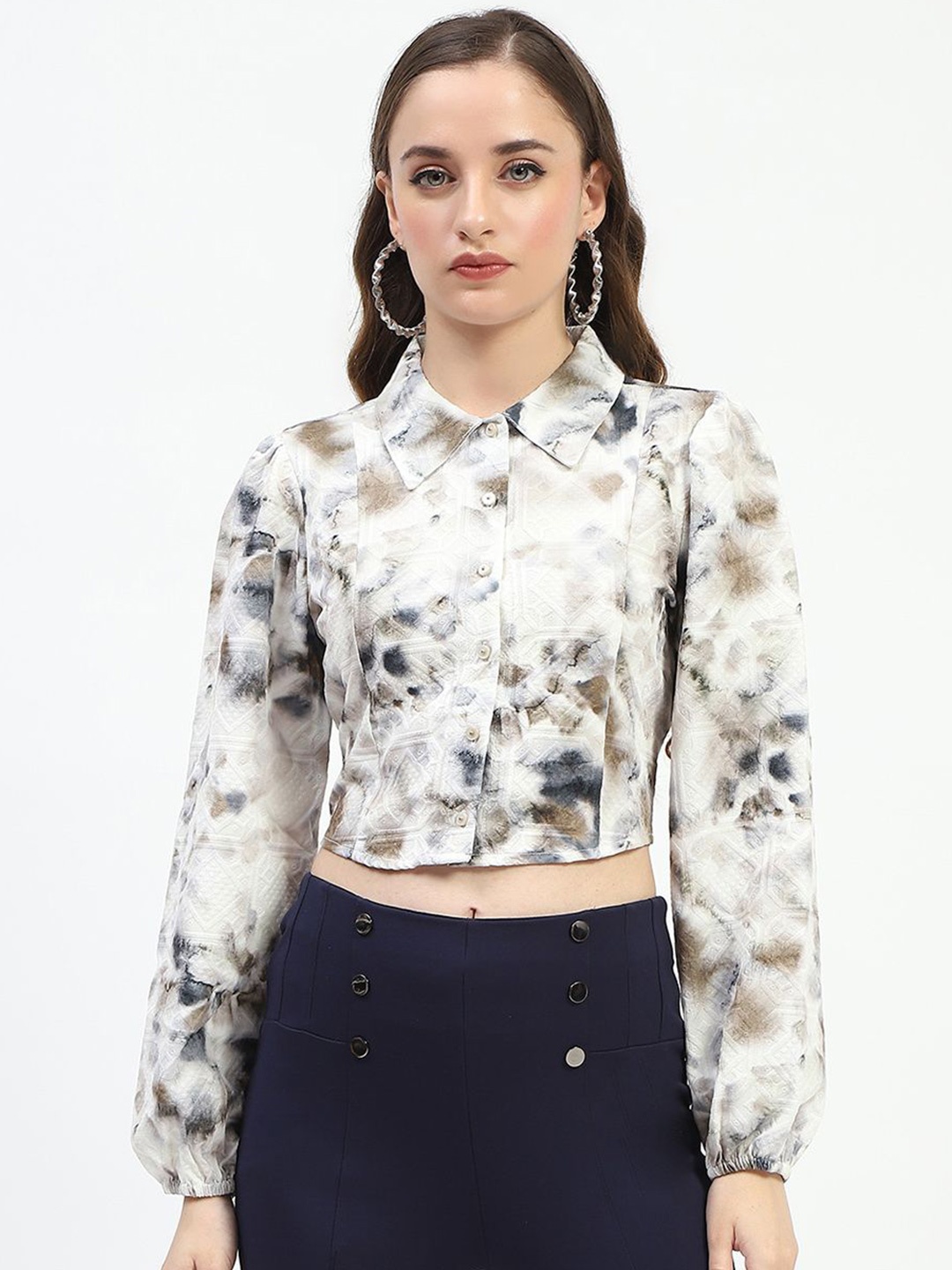 

Madame Floral Print Puff Sleeve Shirt Style Crop Top, Green