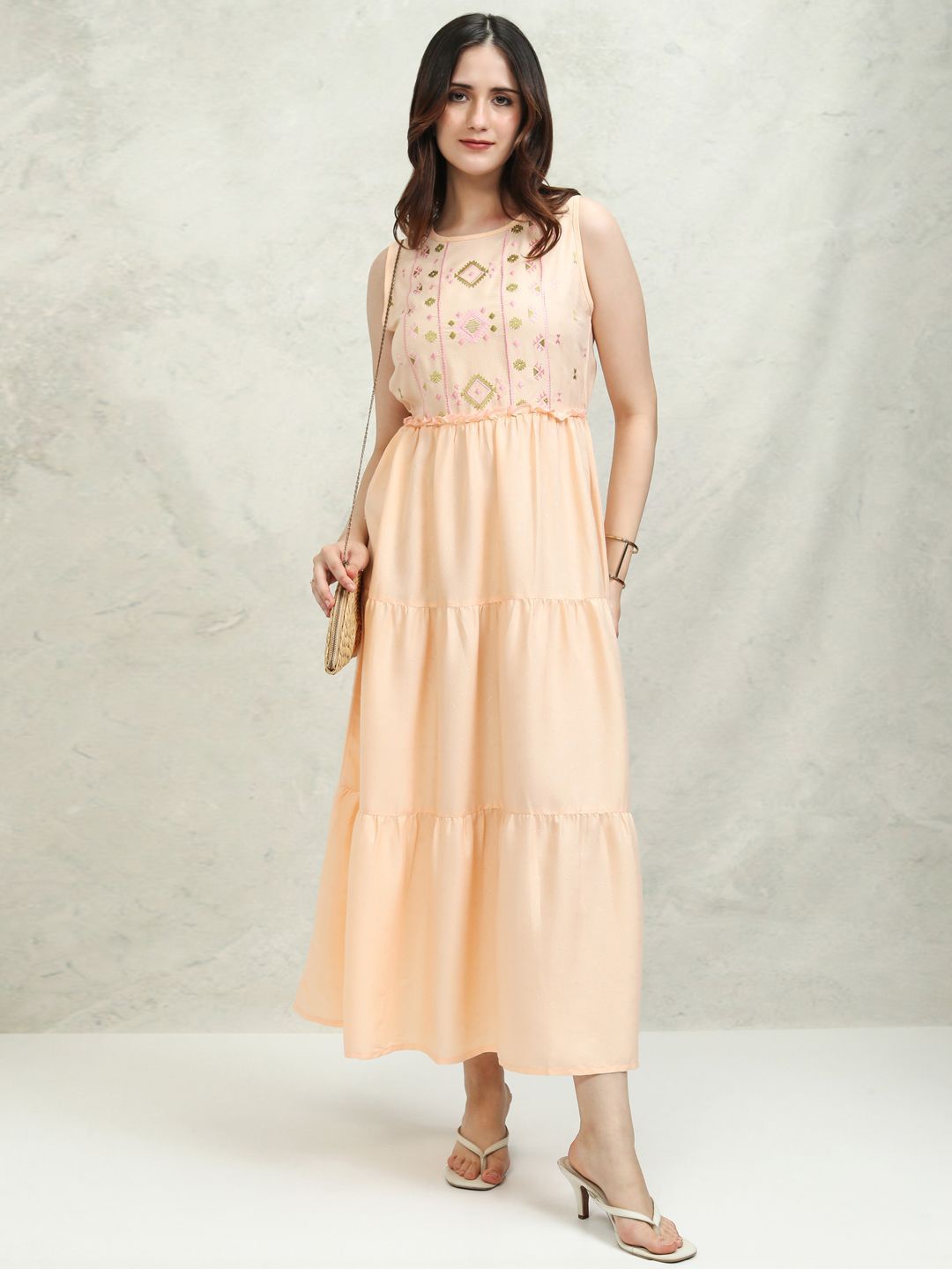 

Vishudh Embroidered Fit & Flare Maxi Dress, Peach