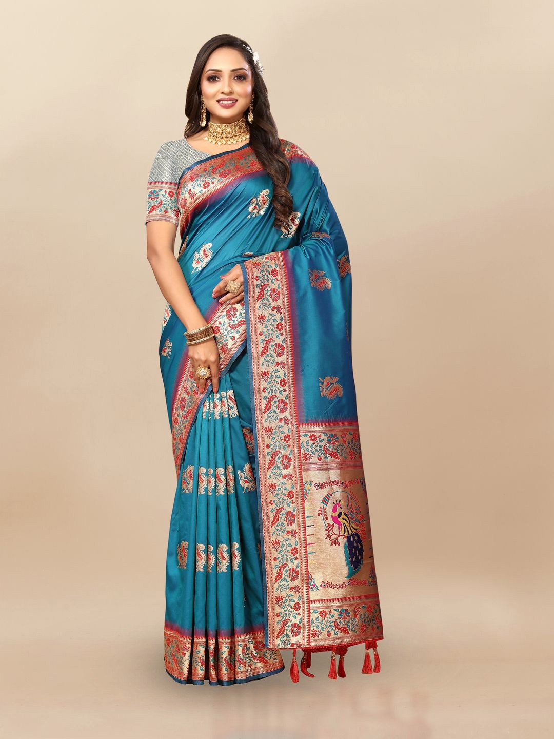 

MOKSHA DESIGNS Ethnic Motifs Woven Design Zari Pure Silk Paithani Saree, Blue