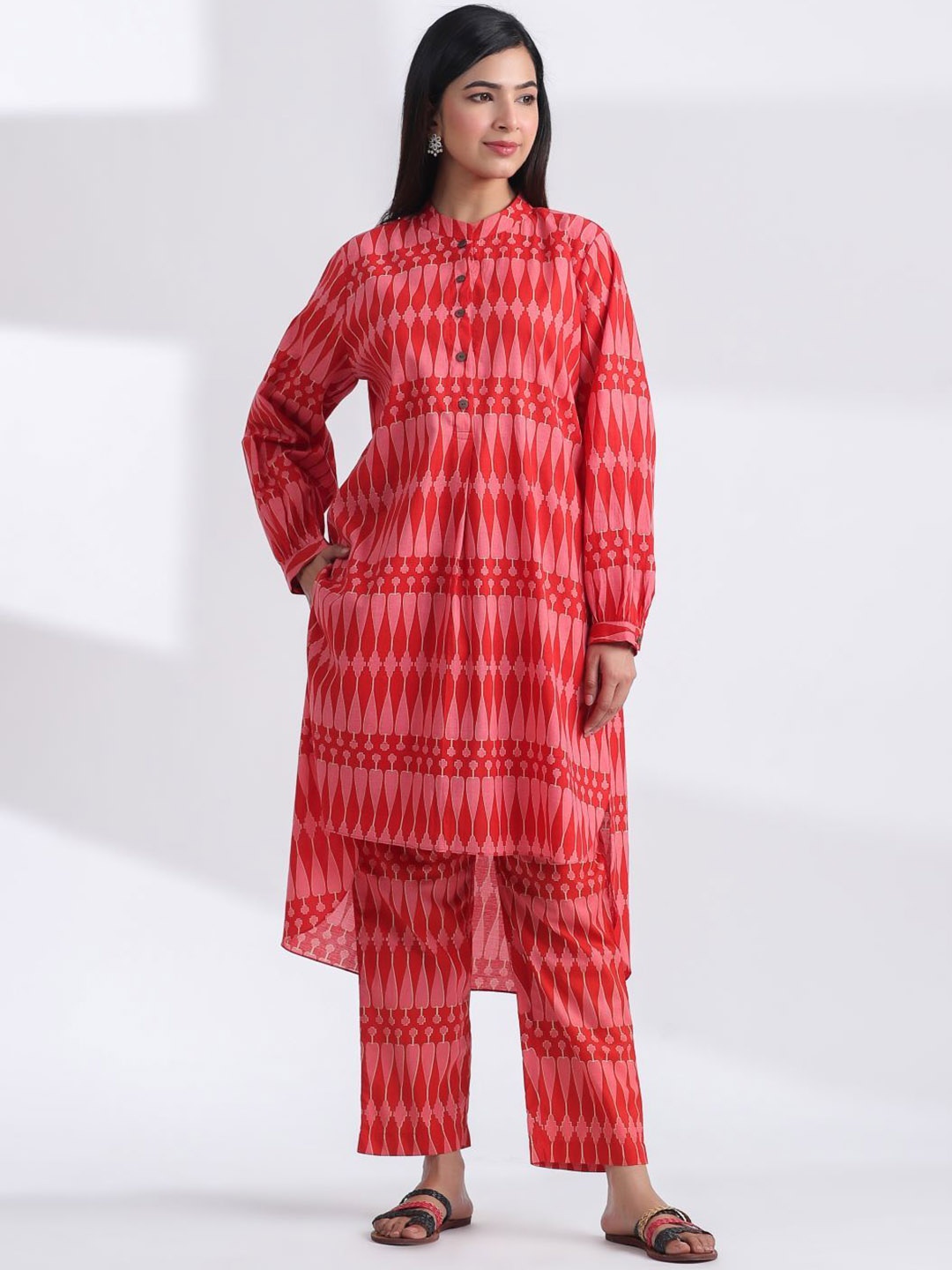 

JAIPURRANG Geometric Printed Mandarin Collar Pure Cotton Tunic And Trouser, Red