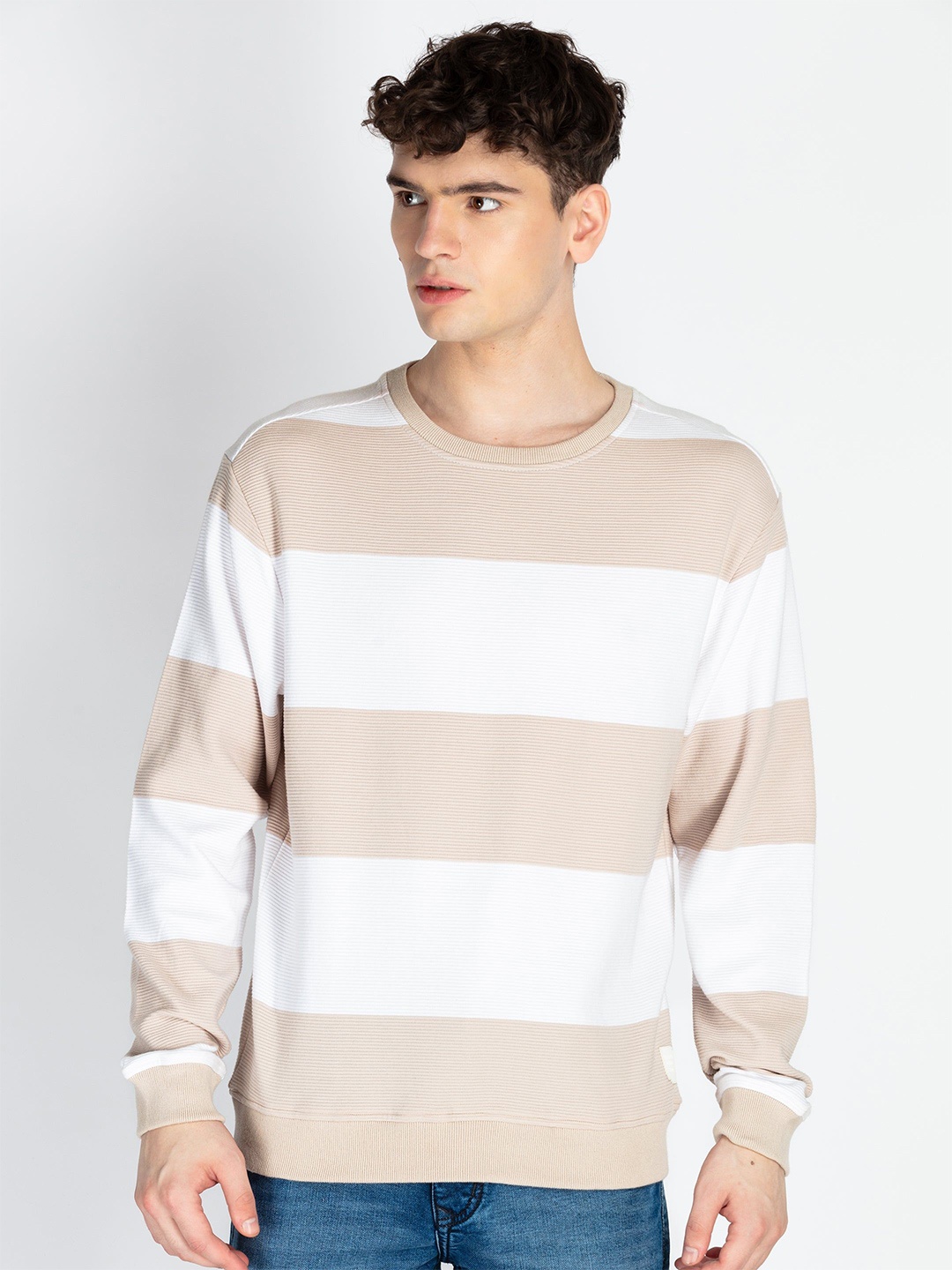 

Status Quo Men Striped Hooded Sweatshirt, Beige
