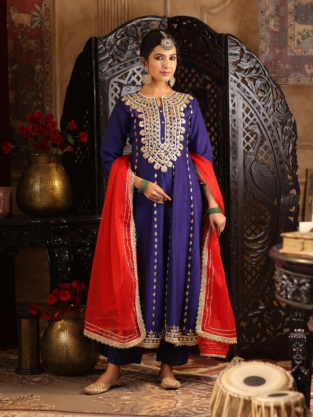 

SCAKHI Ethnic Motifs Yoke Design Dupion Silk Anarkali Kurta with Trousers & Dupatta, Navy blue