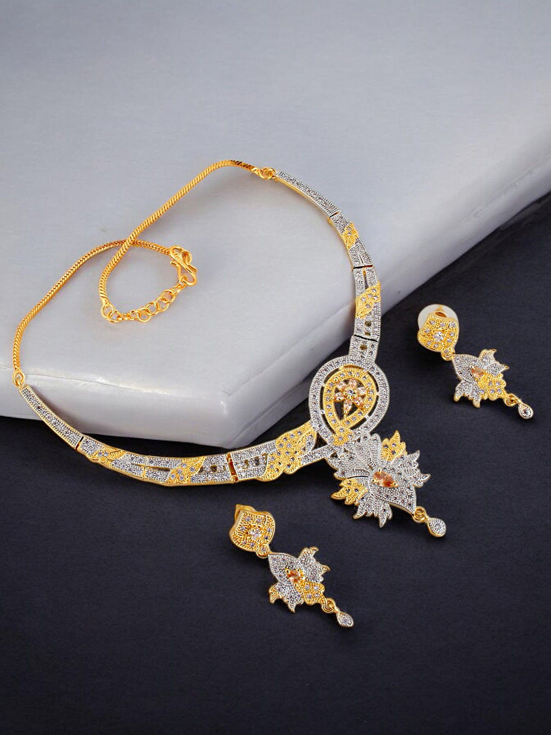 

LUCKY JEWELLERY Gold-Plated American Diamond Studded Jewellery Set