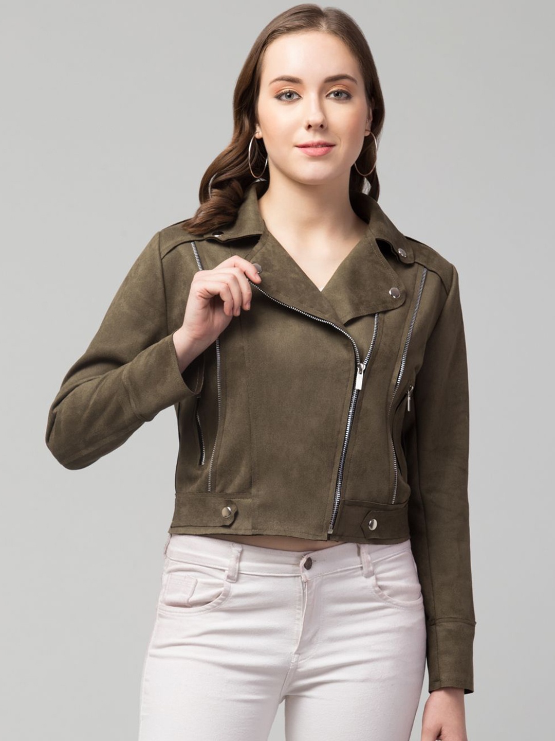 

GalaxyTrendz Women Suede Windcheater Crop Tailored Jacket, Lime green