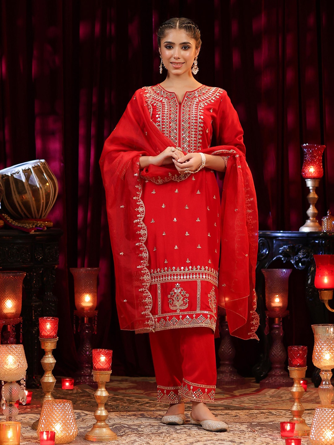 

SCAKHI Floral Dori Embroidered Sequinned Straight Kurta with Trousers & Dupatta, Red