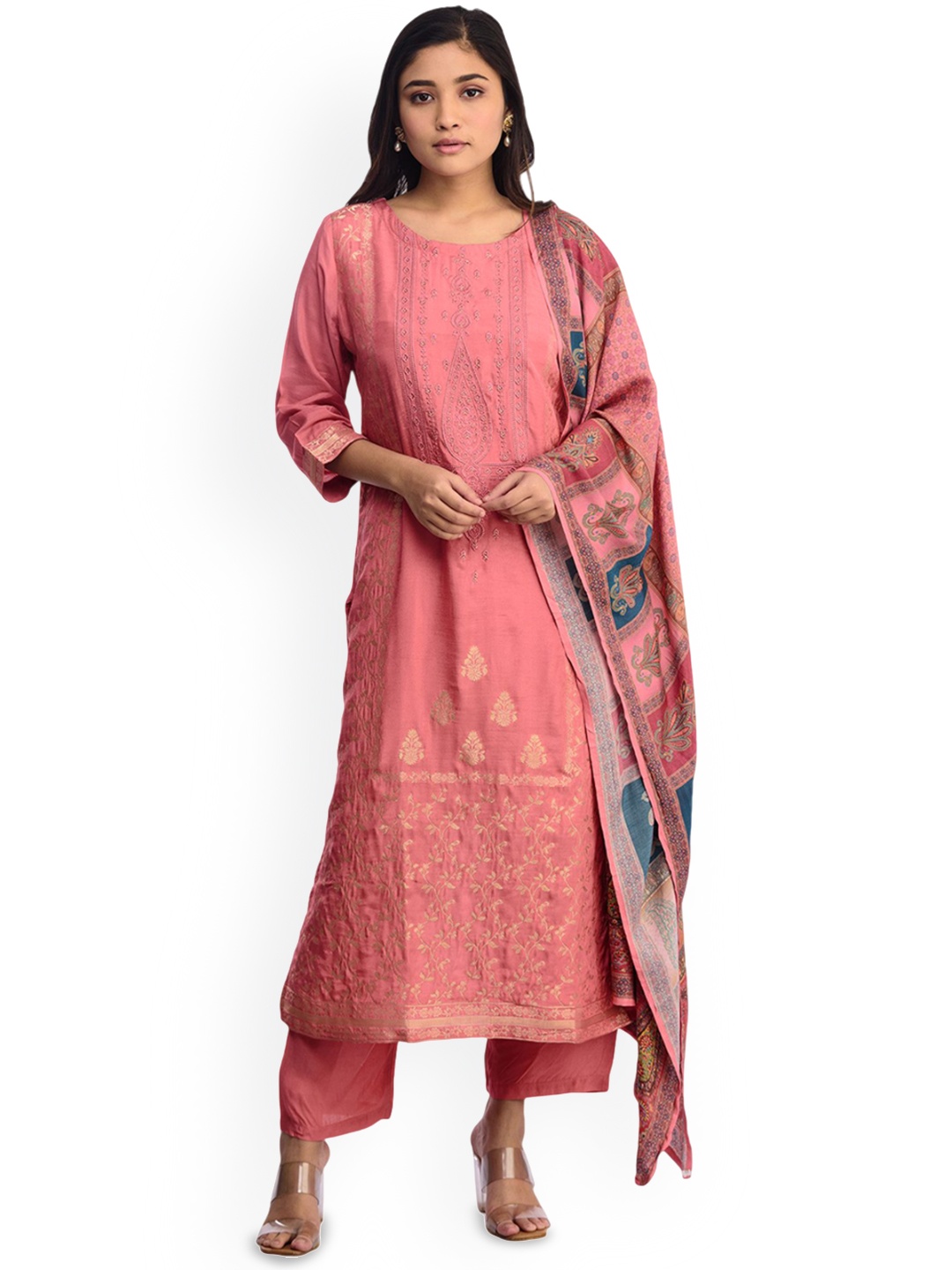 

ISHKIYA Women Floral Embroidered Regular Kurta with Trousers & With Dupatta, Coral