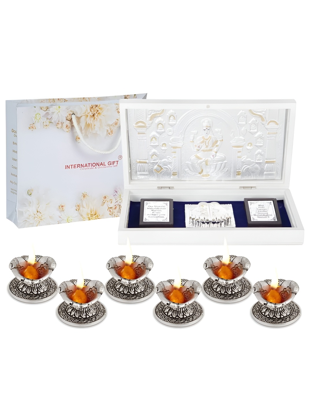

INTERNATIONAL GIFT Silver-Toned Mata Saraswati Charan Paduka Box with 6 Hand Diya