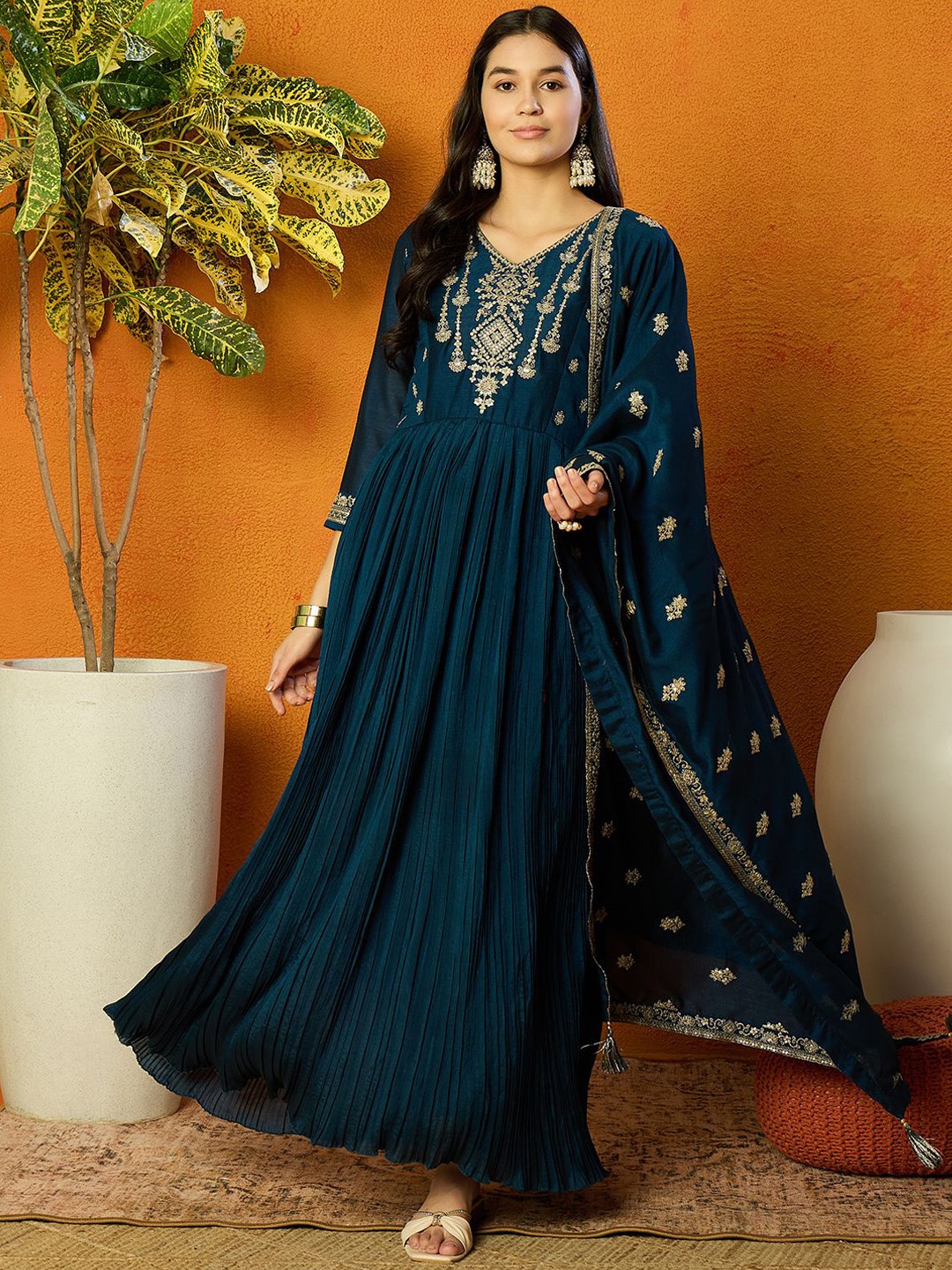 

AHIKA Floral Embroidered Sequinned Pleated Anarkali Kurta with Trousers & Dupatta, Teal