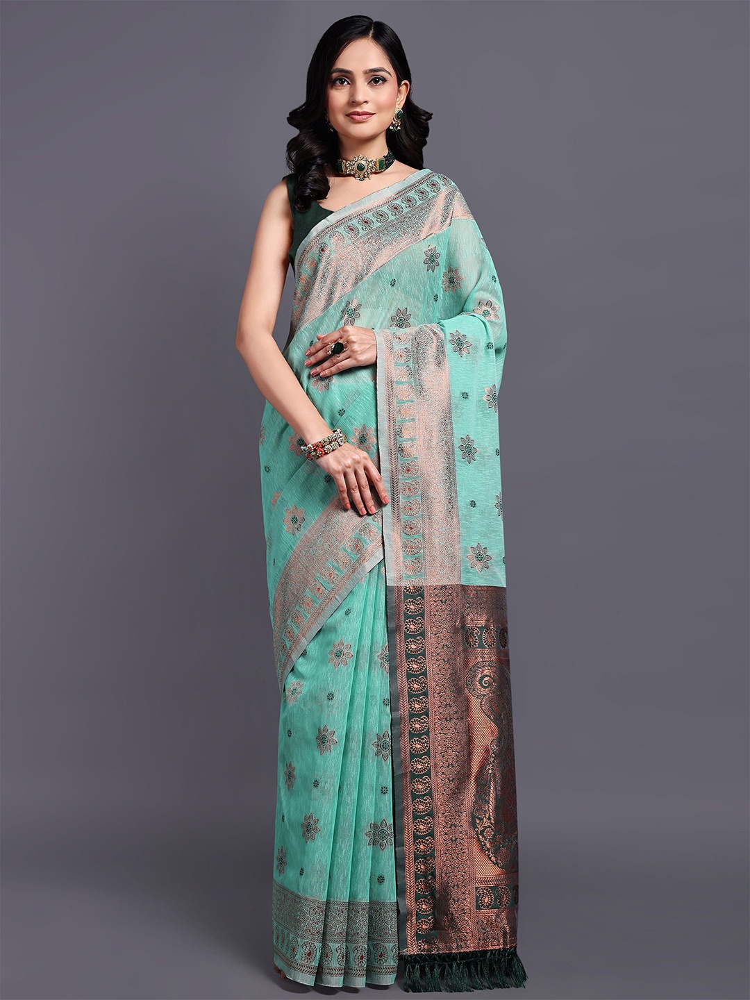 

SWAMI STUDIO Floral Zari Pure Cotton Kanjeevaram Saree, Sea green