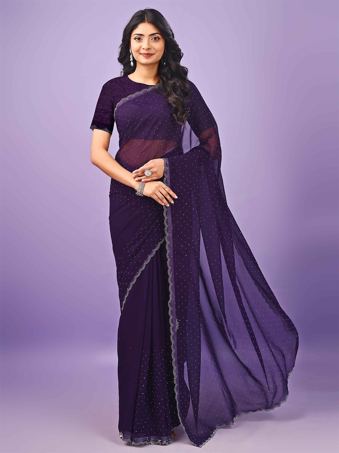

Leelavati Beads and Stones Poly Chiffon Saree, Purple