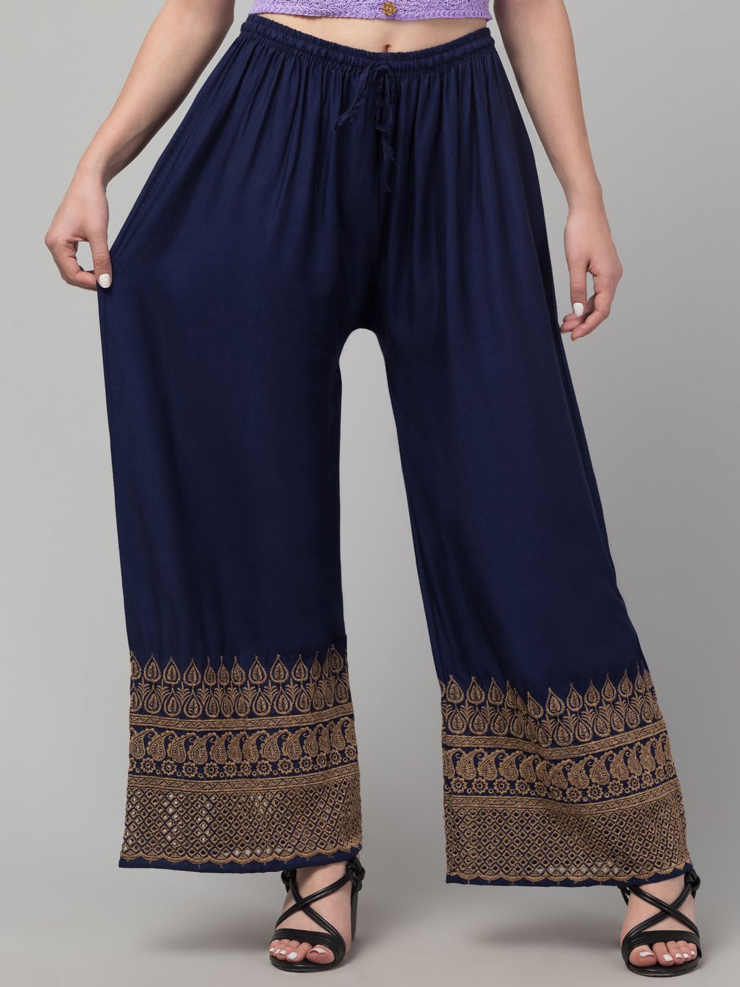 

FAMBEE Women Embroidered Flared Knitted Palazzos, Navy blue