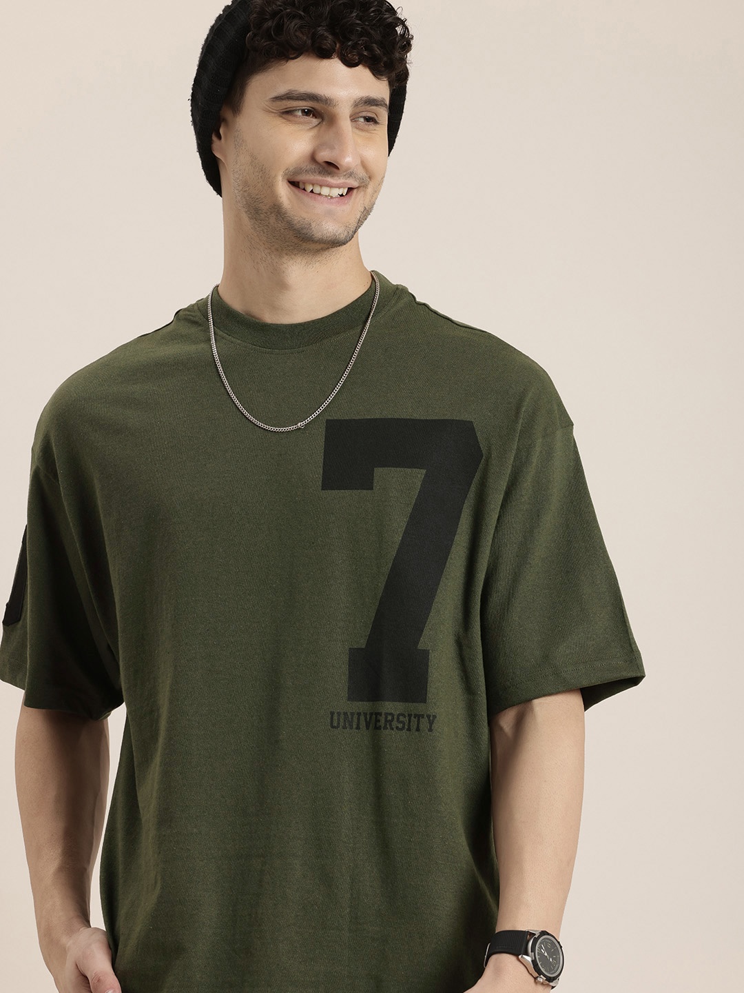 

HERE&NOW Varsity Printed Drop-Shoulder Sleeves Relaxed Fit T-shirt, Olive