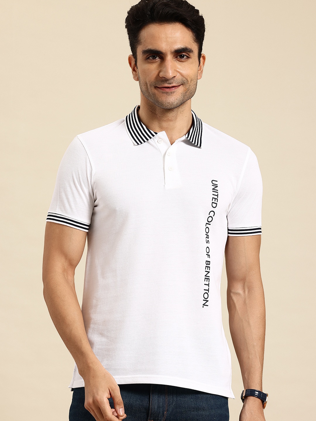 

United Colors of Benetton Printed Detail Polo Collar T-shirt, White
