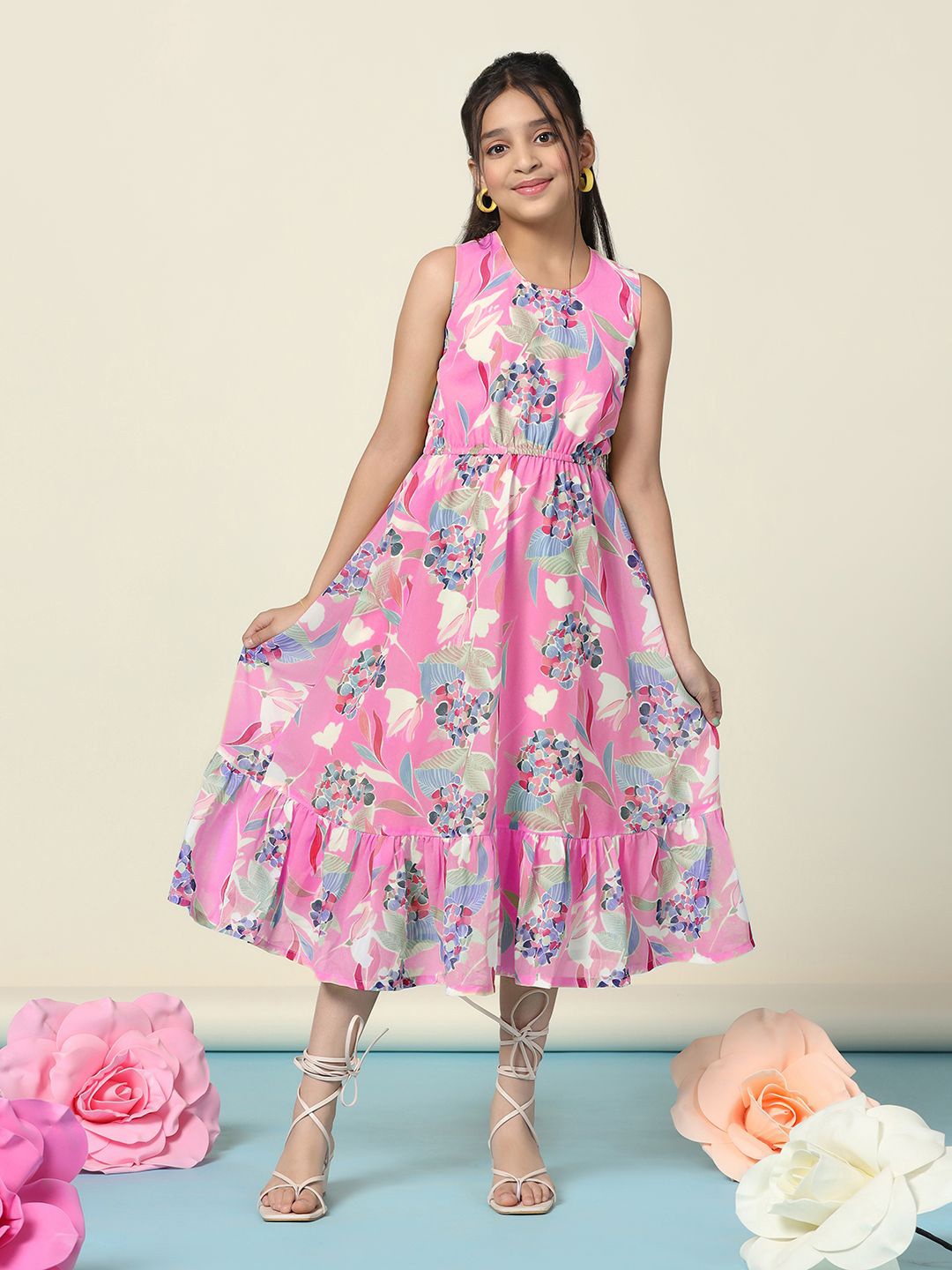 

BAESD Floral Print Georgette Fit & Flare Midi Dress, Pink