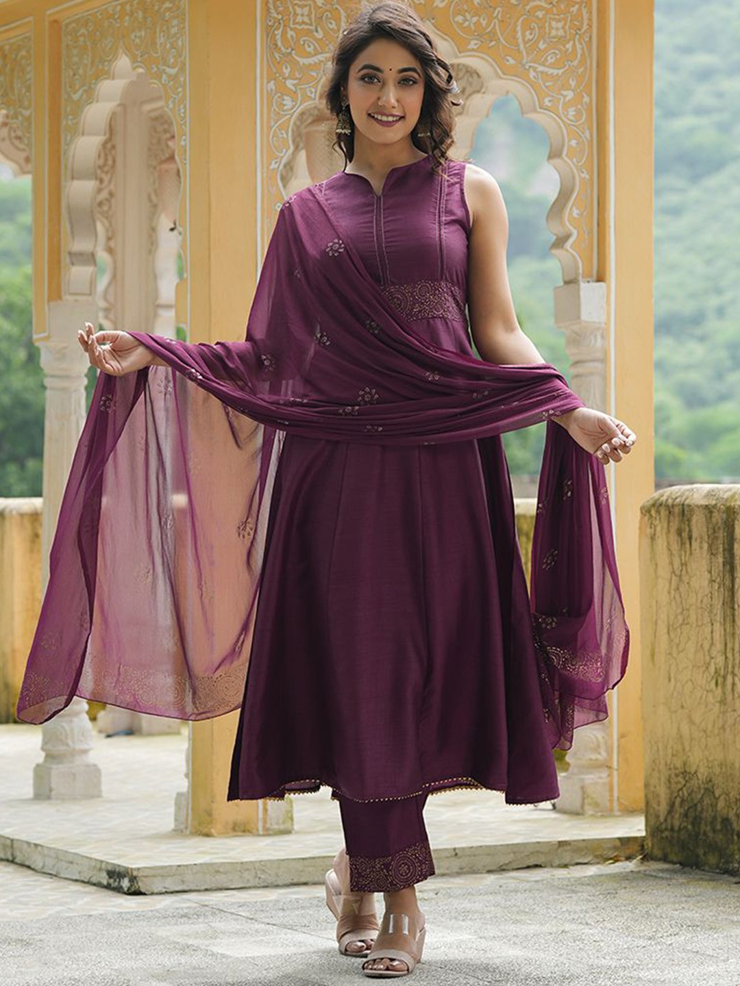 

AHIKA V-Neck Empire Anarkali Kurta with Trousers & Dupatta, Purple
