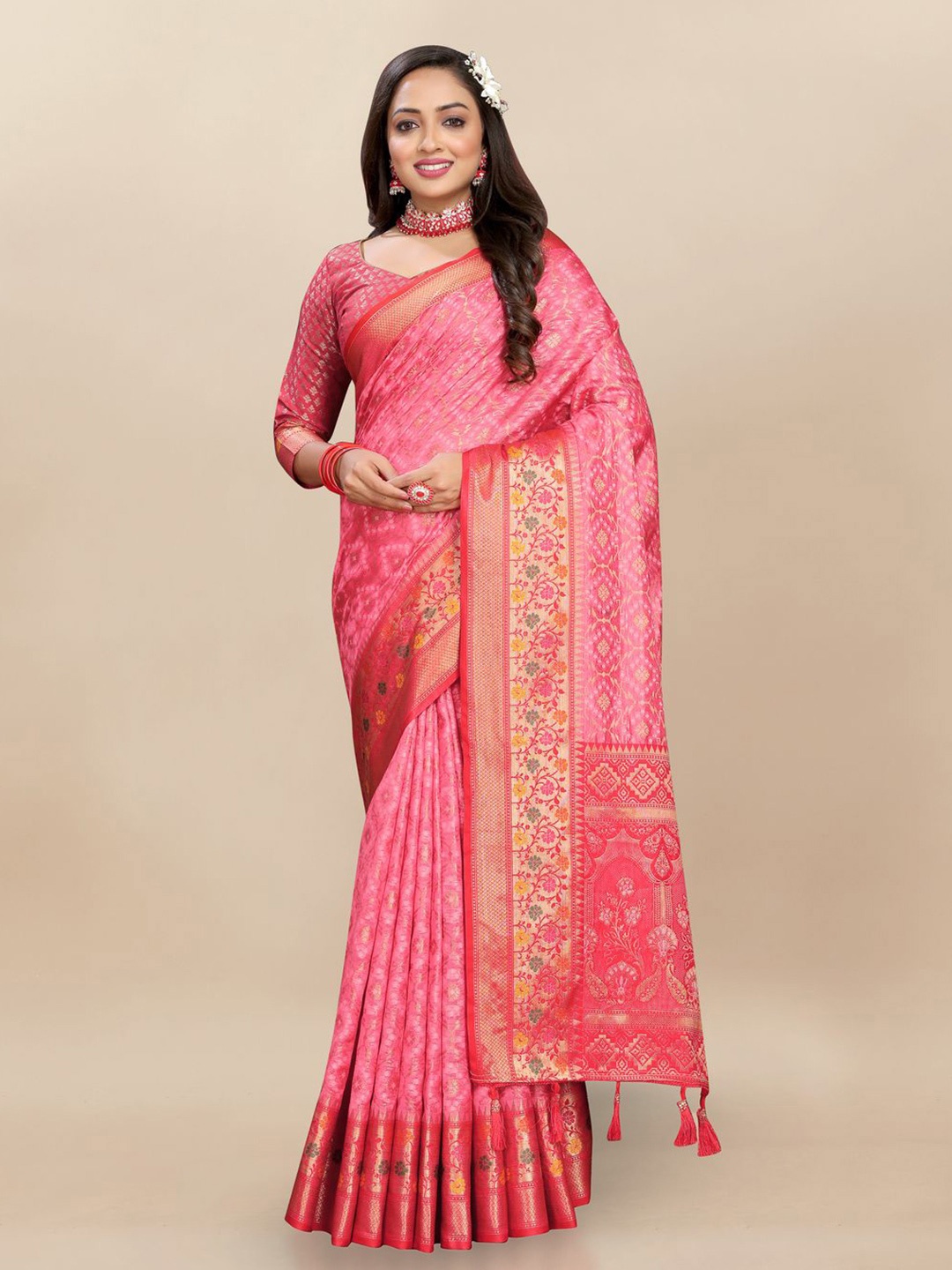 

MOKSHA DESIGNS Ethnic Motifs Zari Pure Silk Paithani Saree, Pink